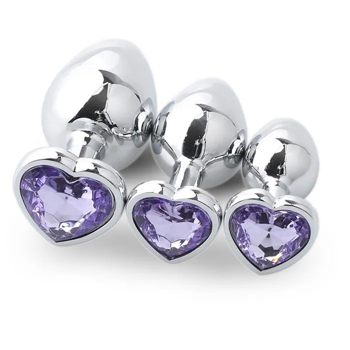 3pcs HeartShaped Jewelled Stainless Steel Anal Plug Kit Light Purple SexyPlay Anal