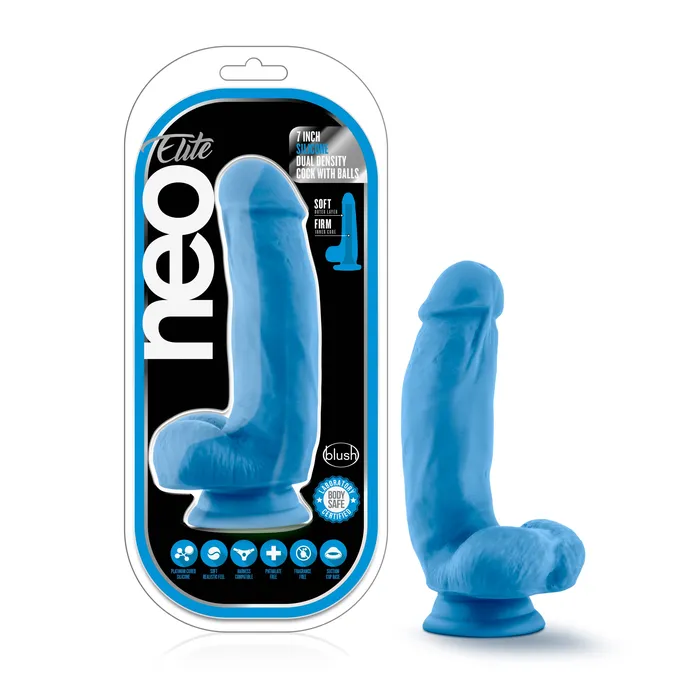 Neo Elite 7in Silicone Dual Density Cock with Balls Neon Blue Neo Elite Female Sex Toys