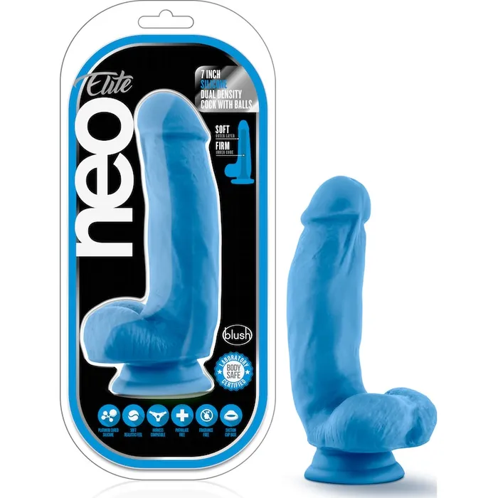 Neo Elite 7in Silicone Dual Density Cock with Balls Neon Blue Neo Elite Female Sex Toys