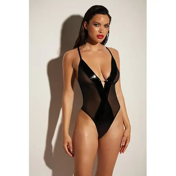 Oh La La Cheri Male Sex Toys Oh L L Chri Finesse Soft Cup Open Back Vinyl and Mesh Teddy with Barbell Trim 1XL2XL Oh La La Cheri Male Sex Toys Oh L L Chri Finesse Soft Cup Open Back Vinyl and Mesh Teddy with Barbell Trim 1XL2XL