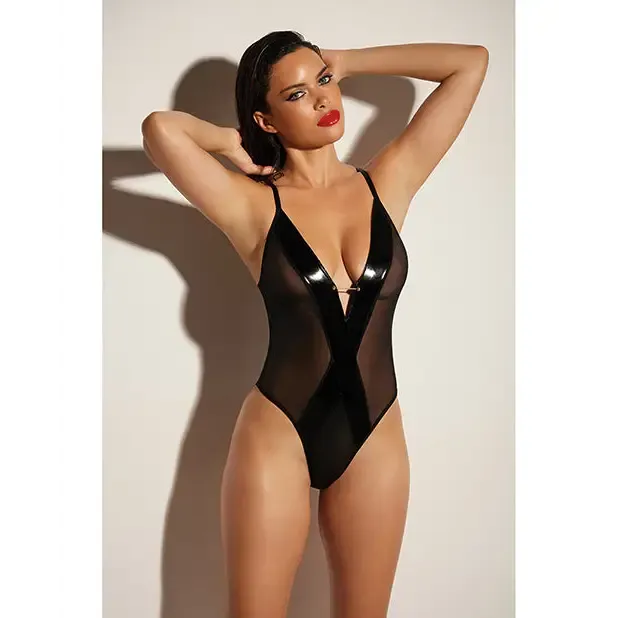 Oh La La Cheri Male Sex Toys Oh L L Chri Finesse Soft Cup Open Back Vinyl and Mesh Teddy with Barbell Trim 1XL2XL Oh La La Cheri Male Sex Toys Oh L L Chri Finesse Soft Cup Open Back Vinyl and Mesh Teddy with Barbell Trim 1XL2XL