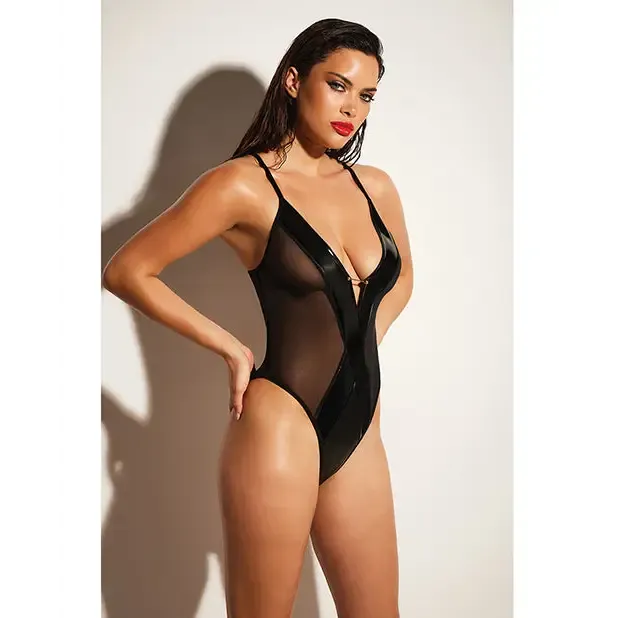 Oh La La Cheri Male Sex Toys Oh L L Chri Finesse Soft Cup Open Back Vinyl and Mesh Teddy with Barbell Trim 1XL2XL Oh La La Cheri Male Sex Toys Oh L L Chri Finesse Soft Cup Open Back Vinyl and Mesh Teddy with Barbell Trim 1XL2XL