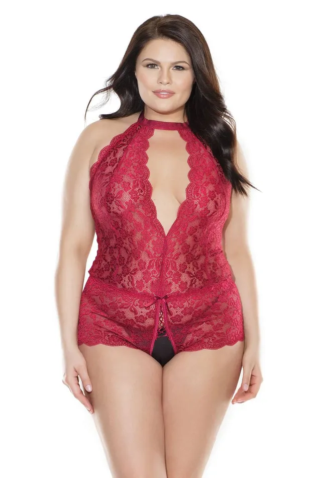 Couples Coquette 3876X Crotchless Lace Teddy Merlot OSXL Coquette
