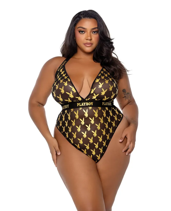 Roma Costume INC Vibrators Playboy Bunny Gold Foil Halter Teddy BlackGold