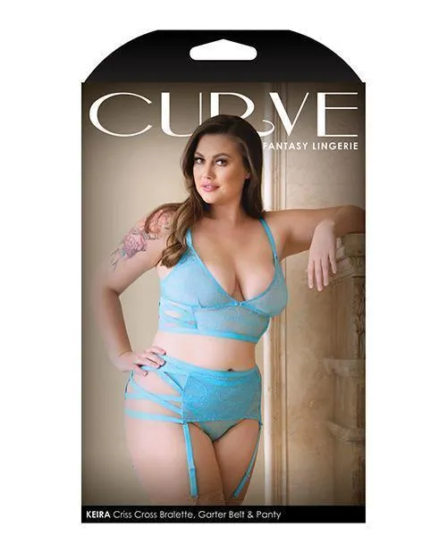 Vibrators Curve Keira Criss Cross Bralette Garter Belt Panty Blue Fantasy Lingerie