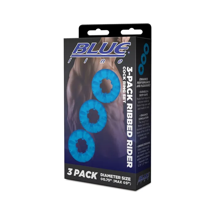 Blue Line Male Sex Toys Blue Line Ribbed Rider Cock Ring Set 3 Pack Blue