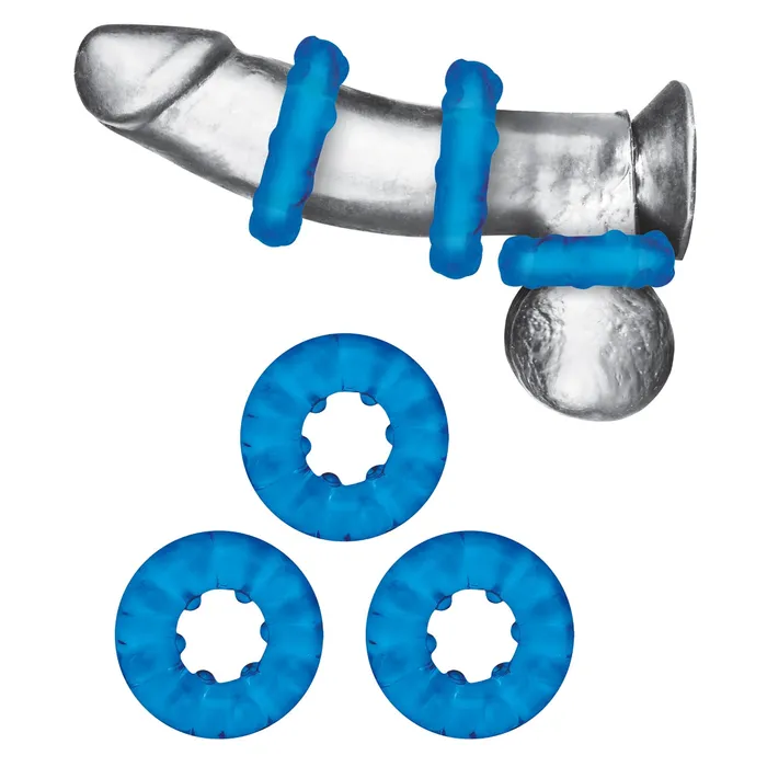 Blue Line Male Sex Toys Blue Line Ribbed Rider Cock Ring Set 3 Pack Blue