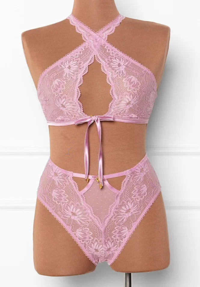 Mentionables High Waist Lace Up Crotchless Panty Lilac Female Sex Toys
