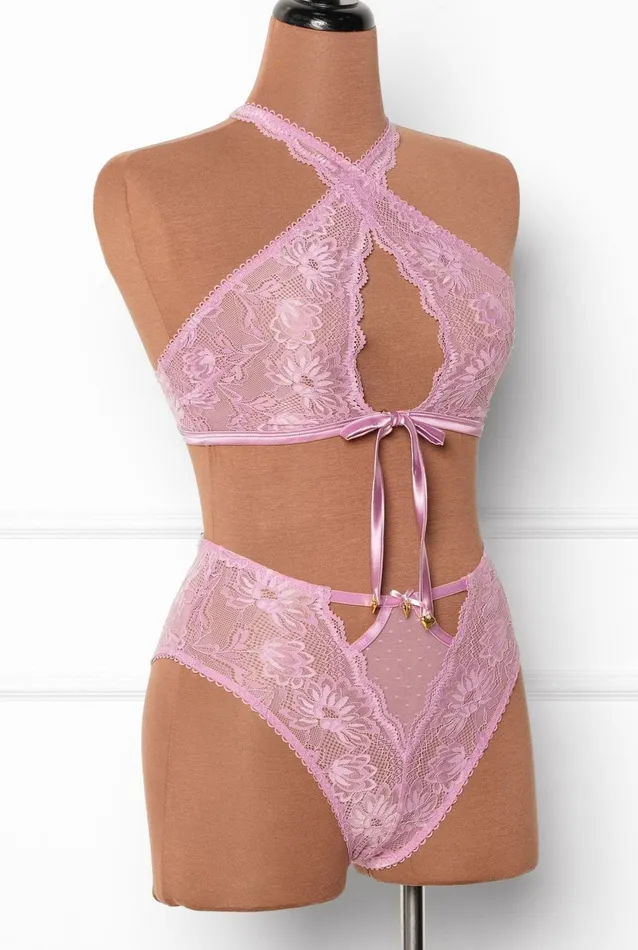 Mentionables High Waist Lace Up Crotchless Panty Lilac Female Sex Toys