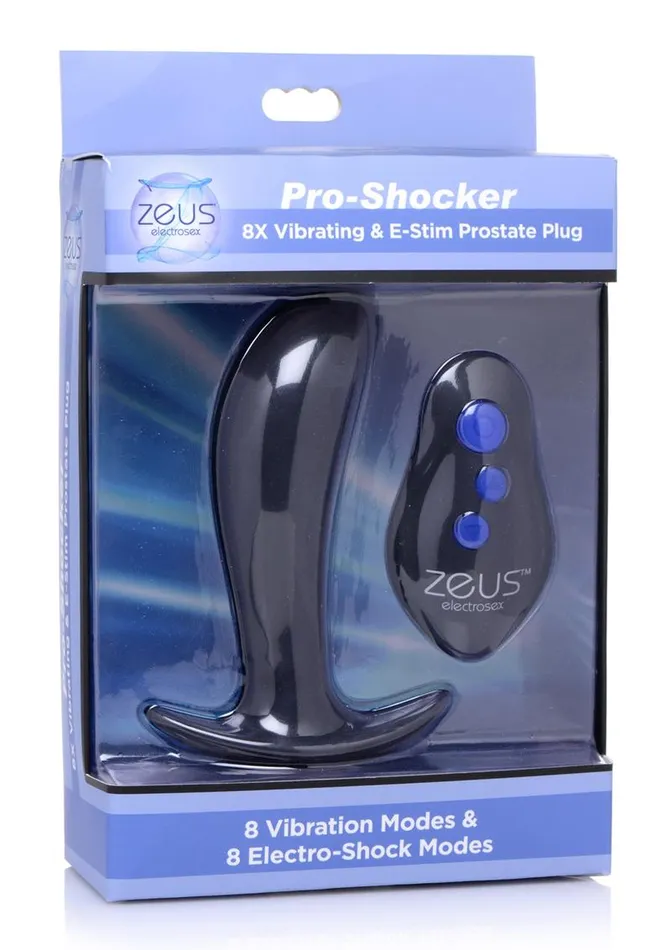Male Sex Toys Zeus ProShocker 8x Vibrating and EStim Silicone Rechargeable Prostate Plug with Remote Control Zeus Electrosex