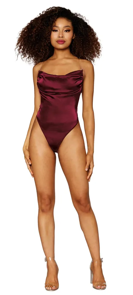 Dreamgirl Stretch Satin and Mesh Cowl Neck Teddy Vibrators