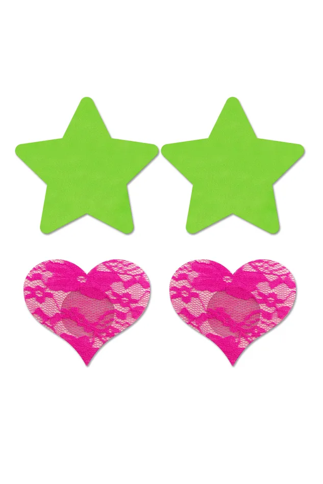 Fantasy Lingerie Dildos Fashion Pasties Set Neon Green Solid Star and Neon Pink Lace Heart Fantasy Lingerie Dildos Fashion Pasties Set Neon Green Solid Star and Neon Pink Lace Heart